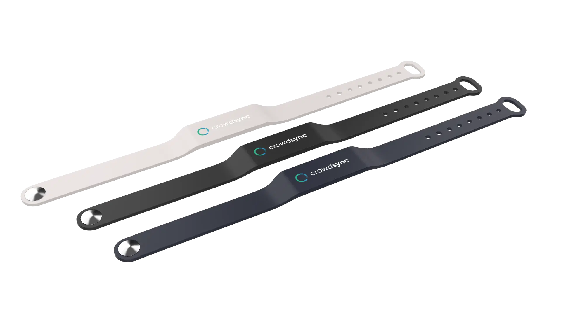 CrowdPass NFC wristbands lineup showing various styles and colors