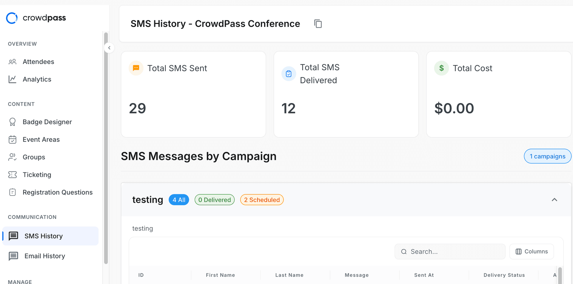 CrowdPass SMS messaging interface