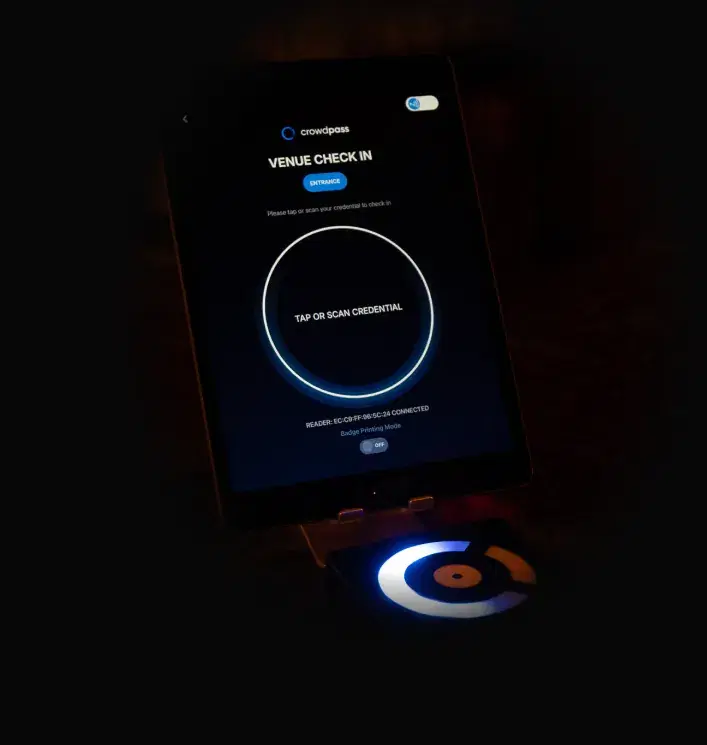 CrowdReader device connected to tablet showing venue check-in screen