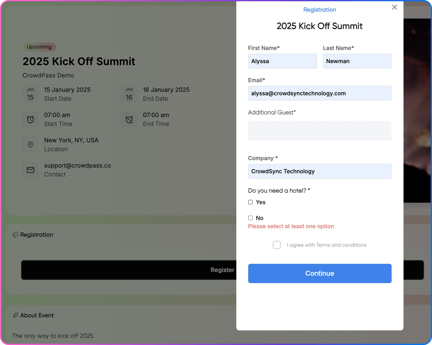 When attendees mark yes, date of arrival appears